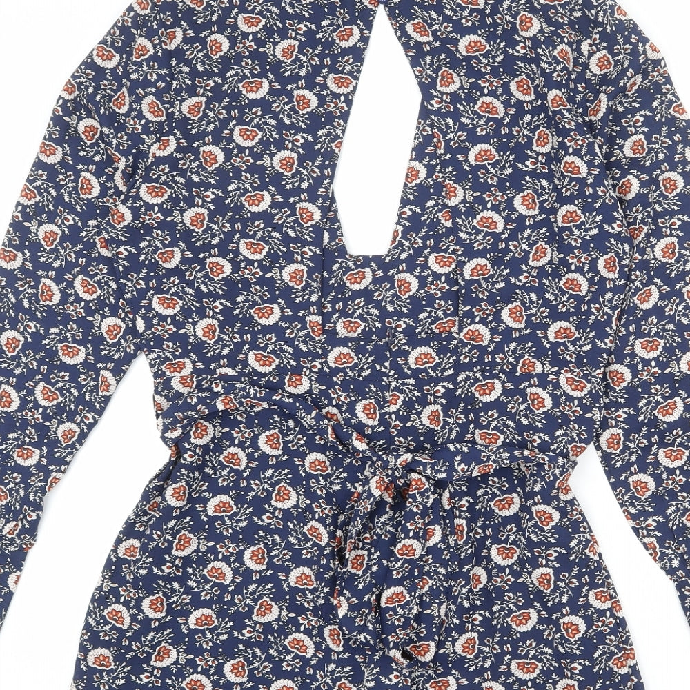 Boohoo Womens Blue Floral Polyester Playsuit One-Piece Size 14 L23 in Button