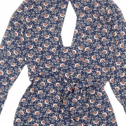 Boohoo Womens Blue Floral Polyester Playsuit One-Piece Size 14 L23 in Button