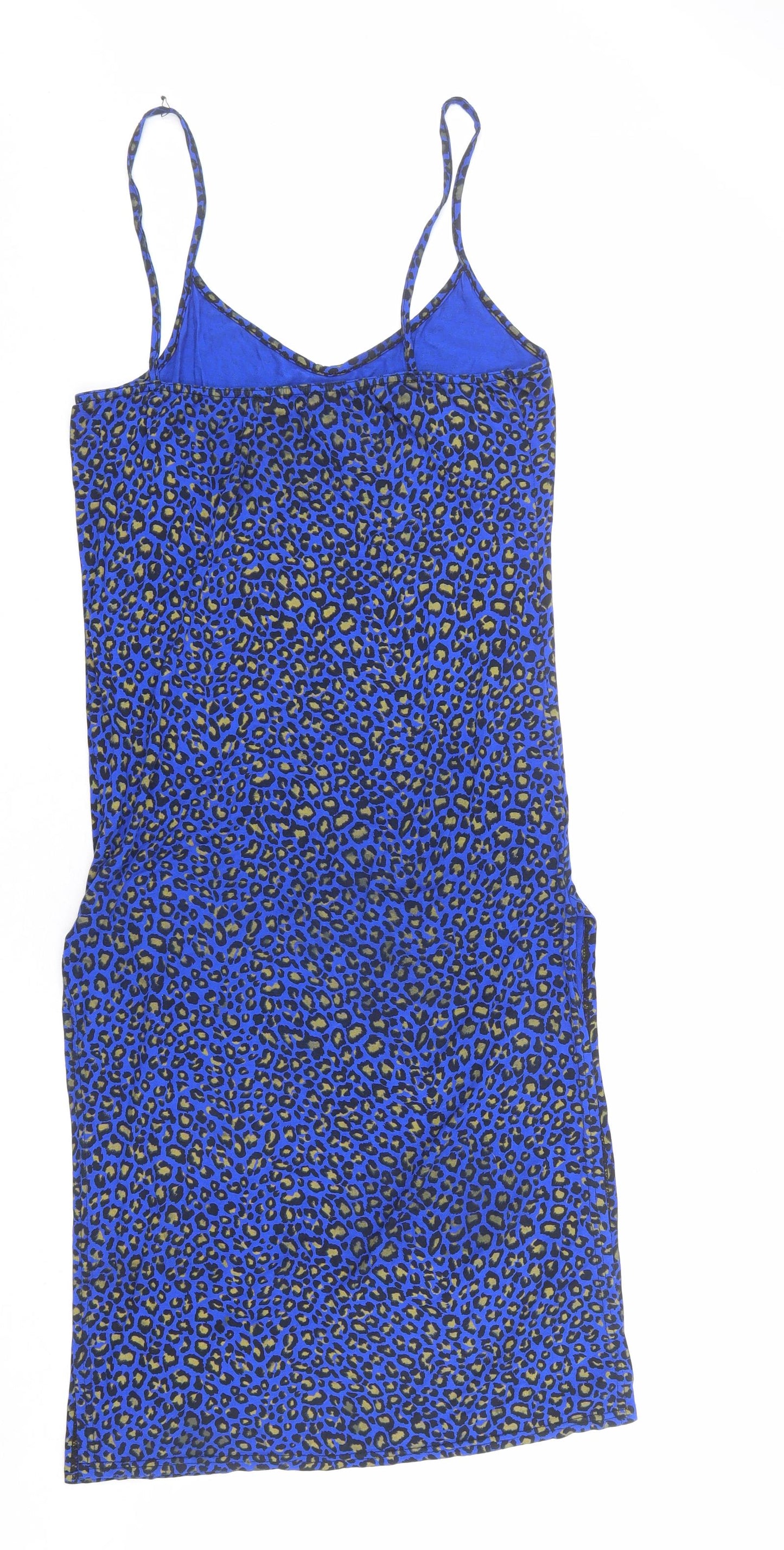 PRETTYLITTLETHING Womens Blue Animal Print Polyester Slip Dress Size 10 V-Neck Pullover - Leopard pattern