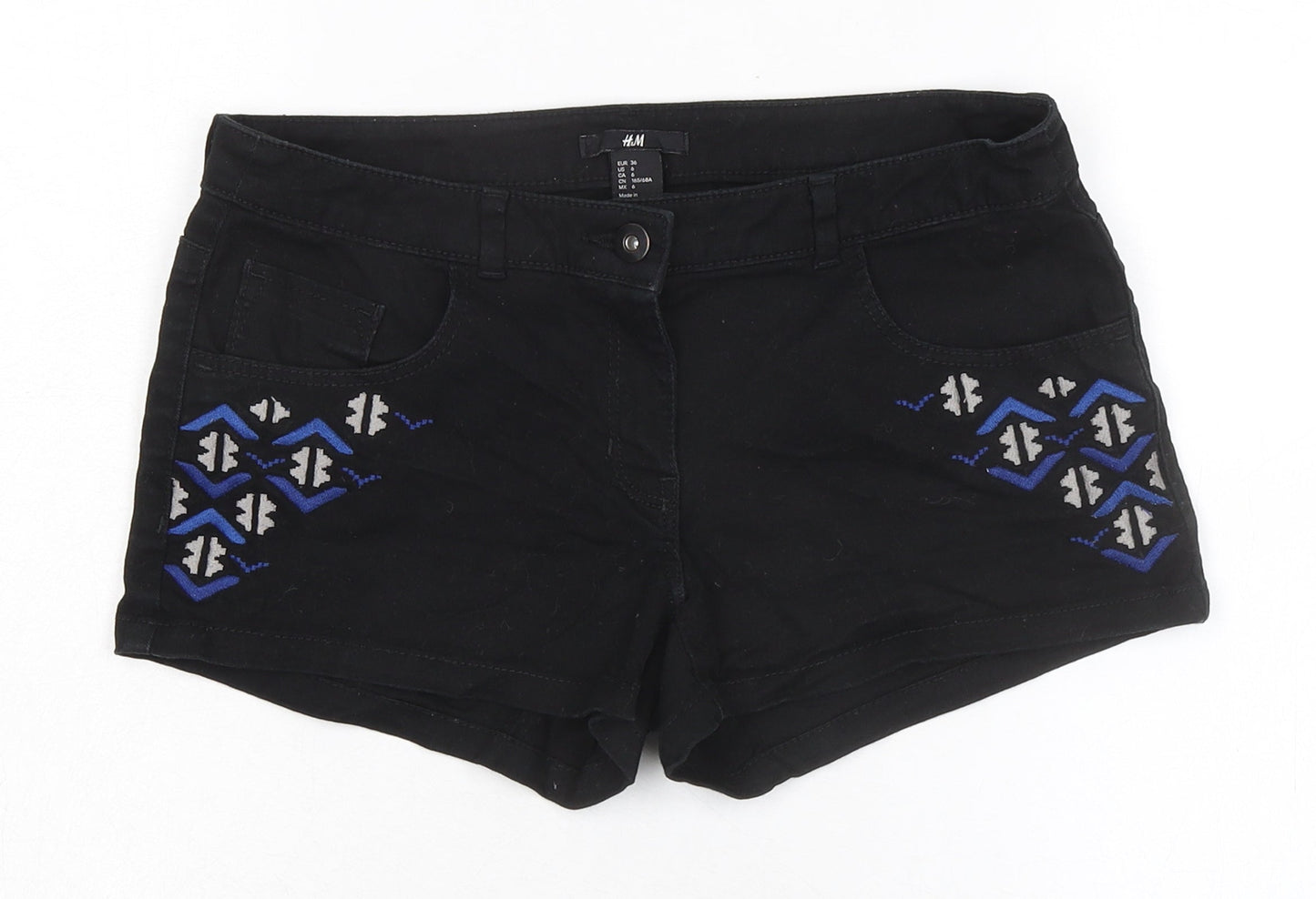 H&M Womens Black Cotton Hot Pants Shorts Size 36 in Regular Zip