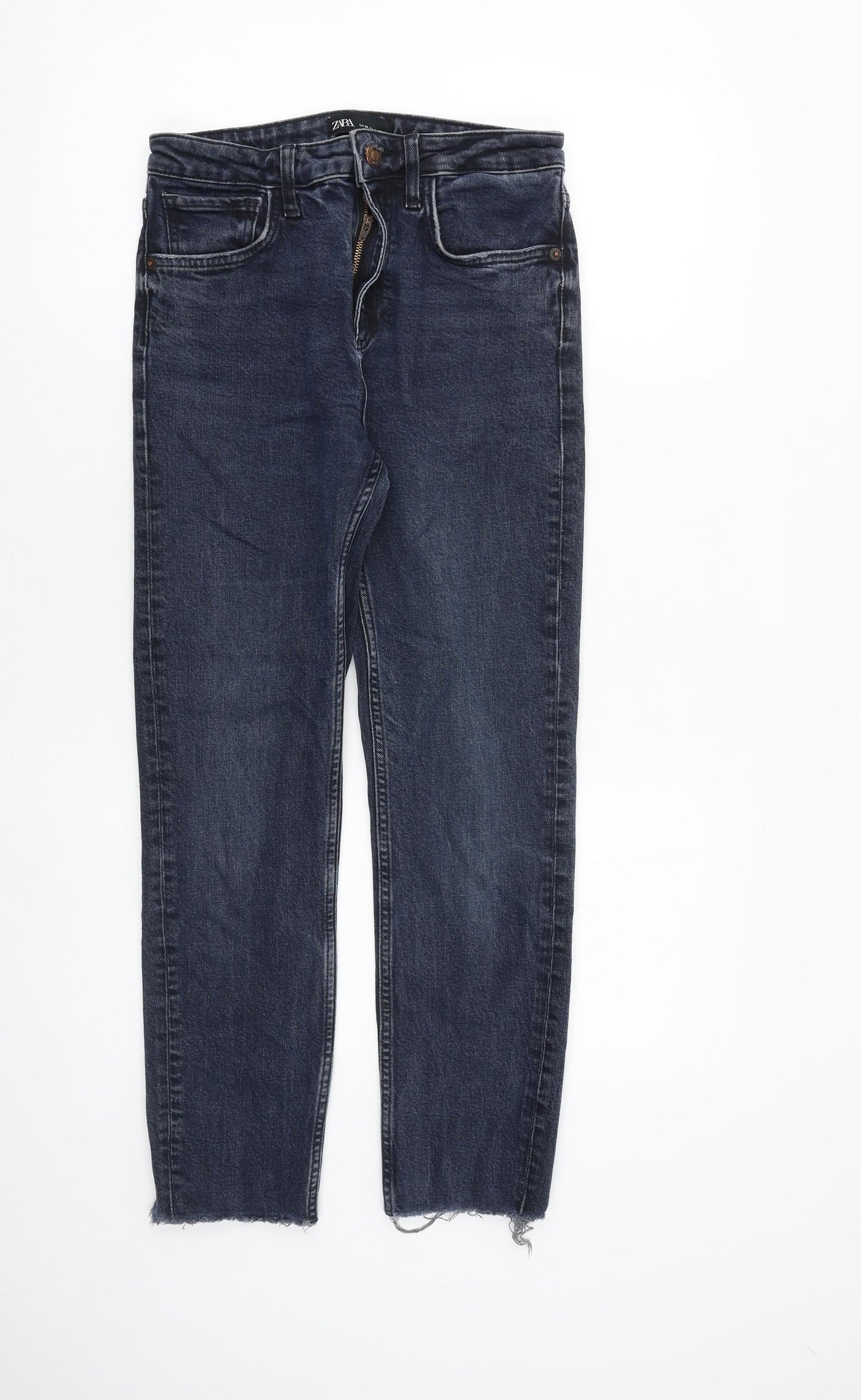 Zara Womens Blue Cotton Straight Jeans Size 8 L26 in Regular Zip - Raw Hem