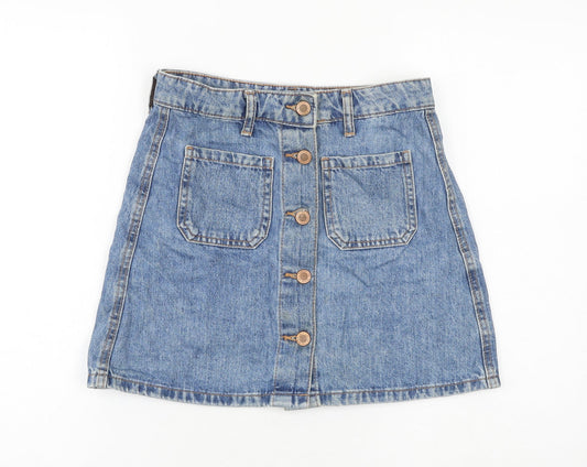 Bershka Womens Blue Cotton Mini Skirt Size 6 Button