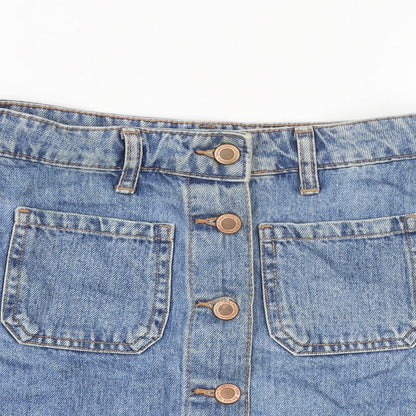 Bershka Womens Blue Cotton Mini Skirt Size 6 Button