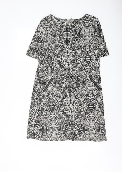 Wallis Womens Black Geometric Polyester Shift Size 12 Boat Neck Zip