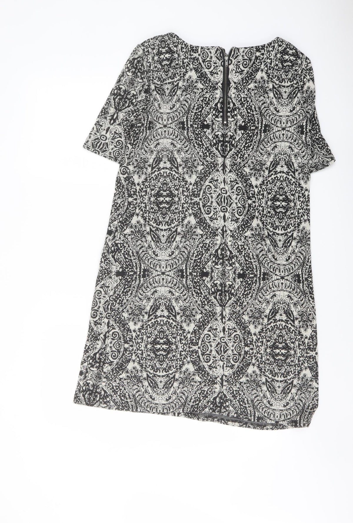 Wallis Womens Black Geometric Polyester Shift Size 12 Boat Neck Zip