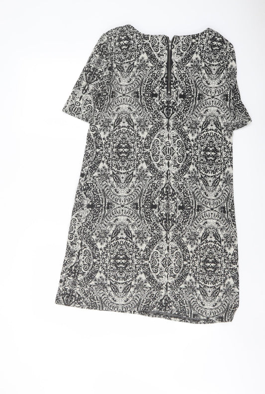 Wallis Womens Black Geometric Polyester Shift Size 12 Boat Neck Zip