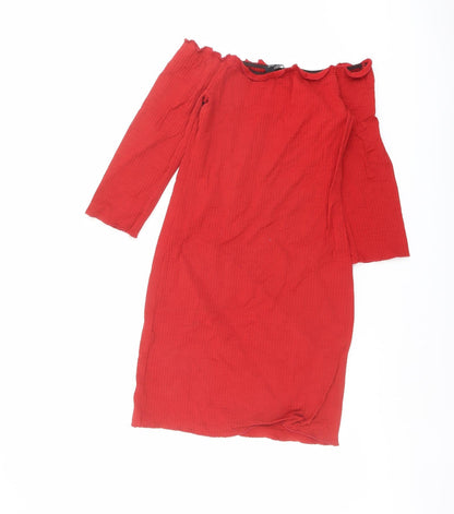Bershka Womens Red Polyester Bodycon Size M Off the Shoulder Pullover