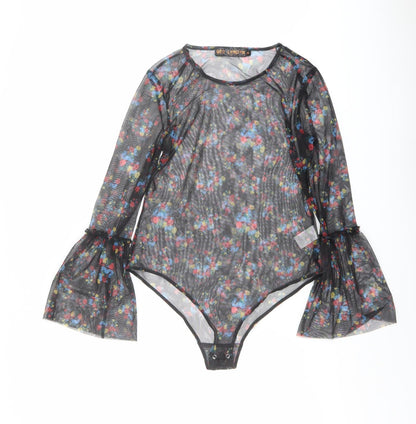 QED London Womens Black Floral Polyester Bodysuit One-Piece Size M Snap