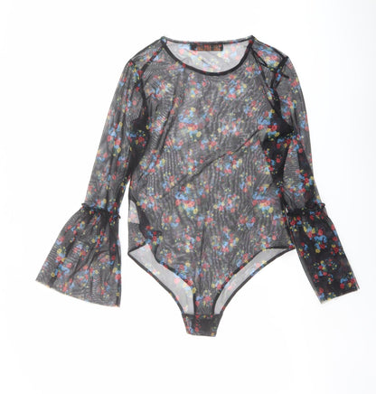 QED London Womens Black Floral Polyester Bodysuit One-Piece Size M Snap