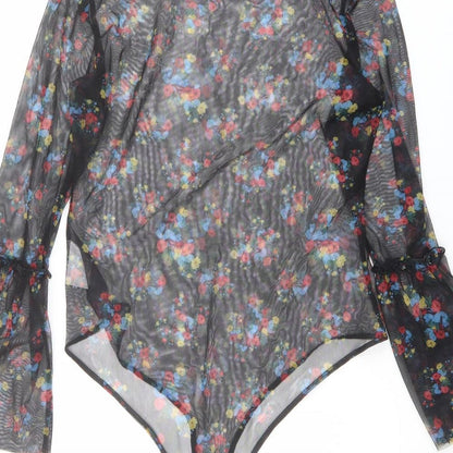 QED London Womens Black Floral Polyester Bodysuit One-Piece Size M Snap