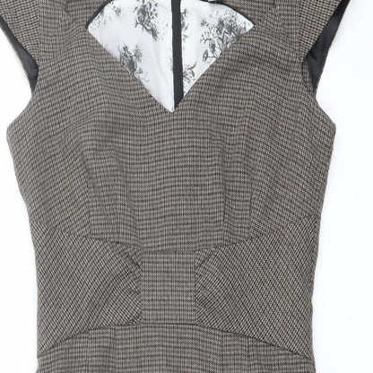 H&M Womens Brown Geometric Polyester Shift Size 10 V-Neck Zip