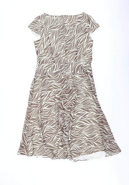 Artigiano Womens Beige Animal Print Polyester Fit & Flare Size 12 V-Neck Zip - Front Detail