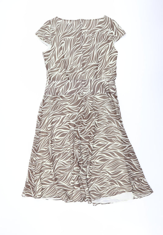 Artigiano Womens Beige Animal Print Polyester Fit & Flare Size 12 V-Neck Zip - Front Detail