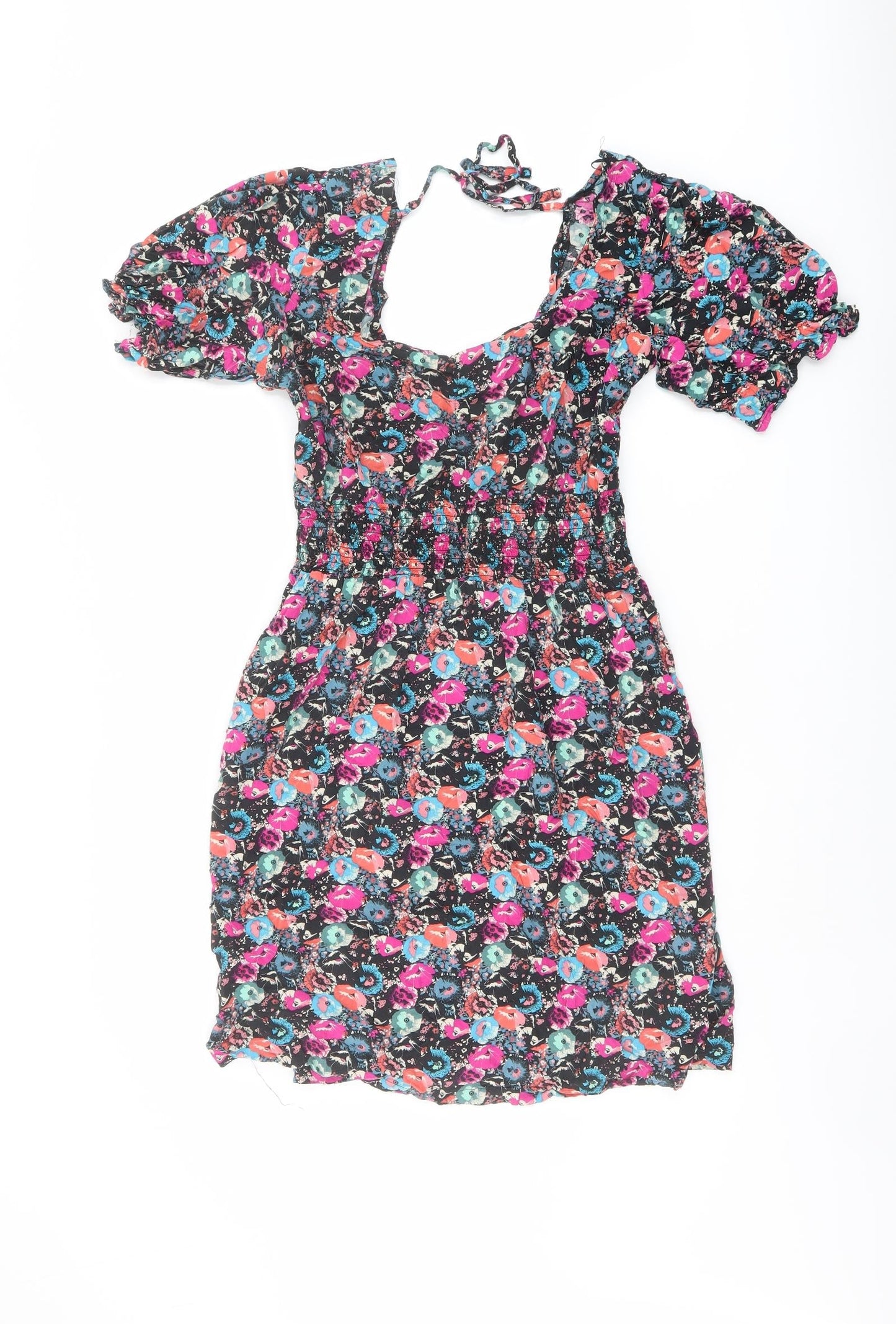 NEXT Womens Multicoloured Floral Viscose A-Line Size 14 Square Neck Pullover - Shirred Waist