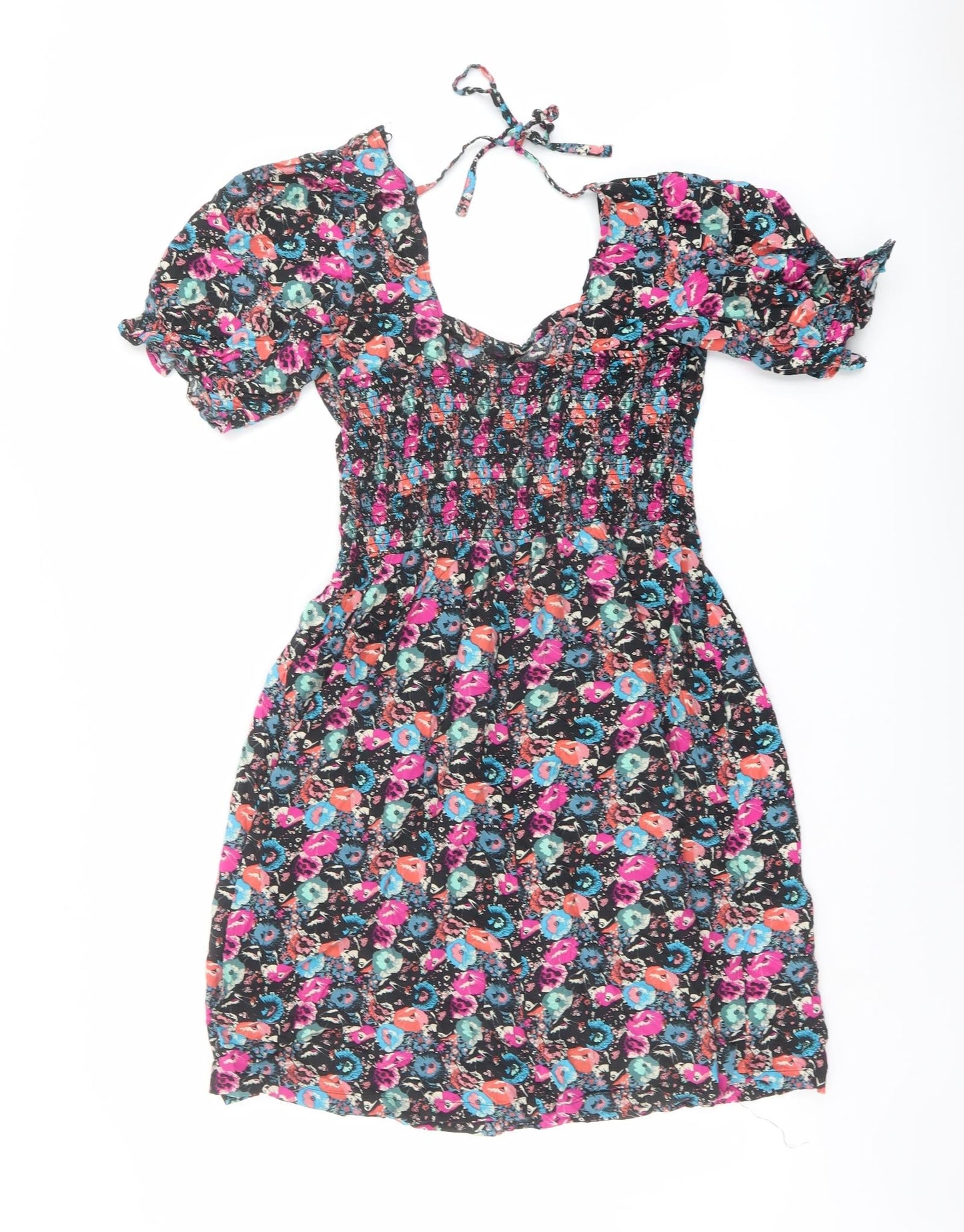 NEXT Womens Multicoloured Floral Viscose A-Line Size 14 Square Neck Pullover - Shirred Waist