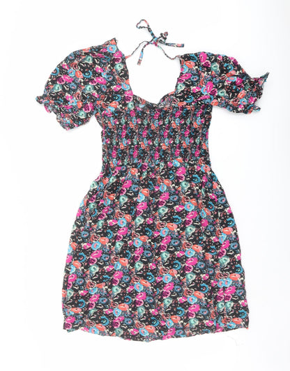 NEXT Womens Multicoloured Floral Viscose A-Line Size 14 Square Neck Pullover - Shirred Waist