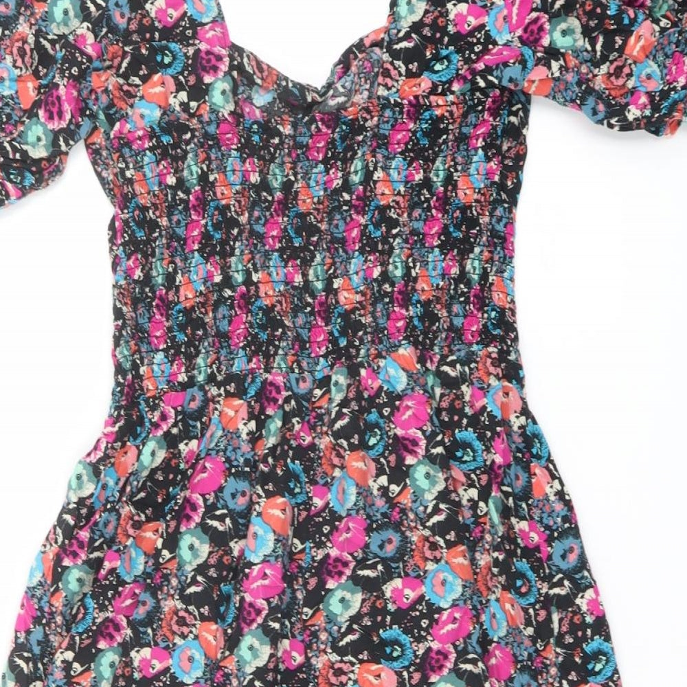 NEXT Womens Multicoloured Floral Viscose A-Line Size 14 Square Neck Pullover - Shirred Waist