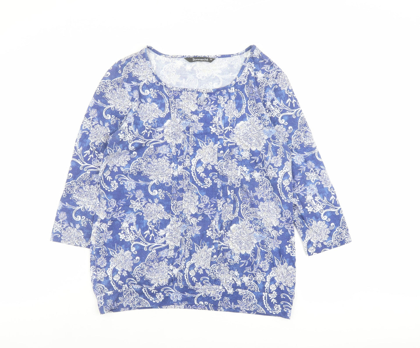 Bonmarché Womens Blue Floral Polyester Basic T-Shirt Size 10 Round Neck