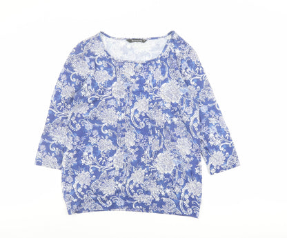 Bonmarché Womens Blue Floral Polyester Basic T-Shirt Size 10 Round Neck