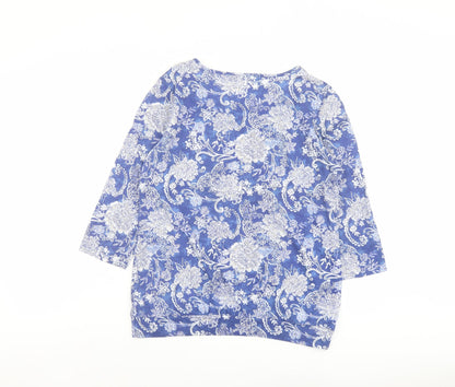 Bonmarché Womens Blue Floral Polyester Basic T-Shirt Size 10 Round Neck