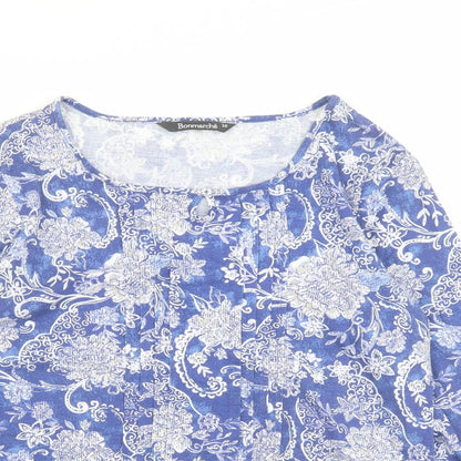 Bonmarché Womens Blue Floral Polyester Basic T-Shirt Size 10 Round Neck
