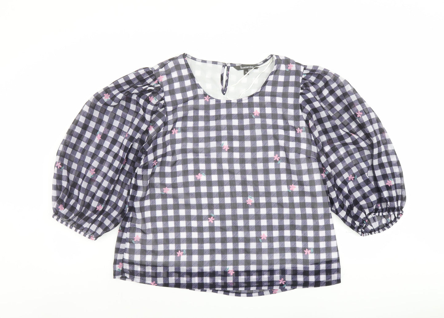 Bonmarché Womens Beige Check Polyester Basic Blouse Size 14 Round Neck - Flower Detail