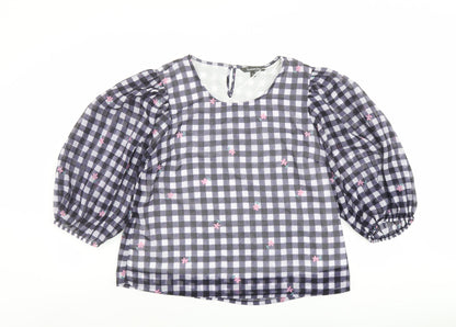 Bonmarché Womens Beige Check Polyester Basic Blouse Size 14 Round Neck - Flower Detail