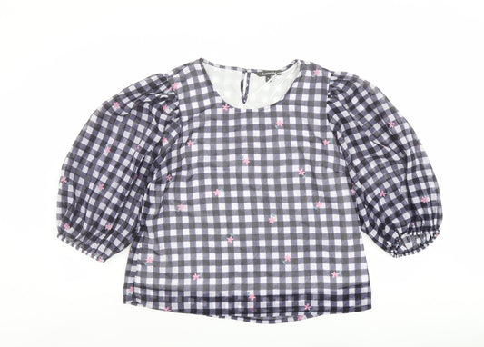 Bonmarché Womens Beige Check Polyester Basic Blouse Size 14 Round Neck - Flower Detail