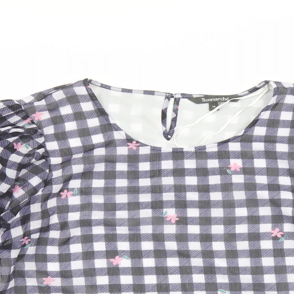 Bonmarché Womens Beige Check Polyester Basic Blouse Size 14 Round Neck - Flower Detail