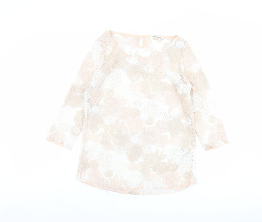 Indigo Womens Pink Floral Polyester Basic Blouse Size 10 Round Neck