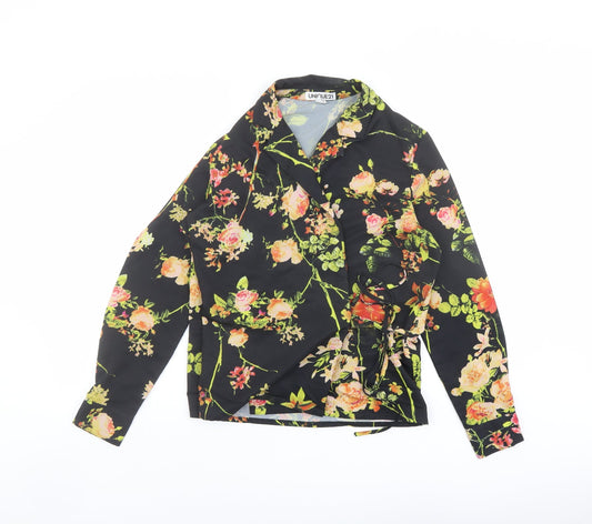 Unique 21 Womens Black Floral Polyester Wrap Blouse Size 6 Collared