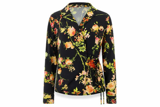 Unique 21 Womens Black Floral Polyester Wrap Blouse Size 6 Collared