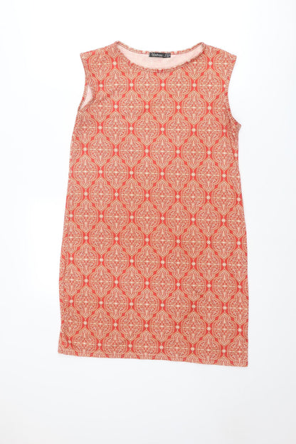 Boohoo Womens Orange Geometric Polyester Shift Size 10 Boat Neck Pullover