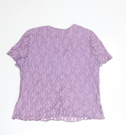 Bonmarché Womens Purple Geometric Nylon Basic T-Shirt Size L V-Neck