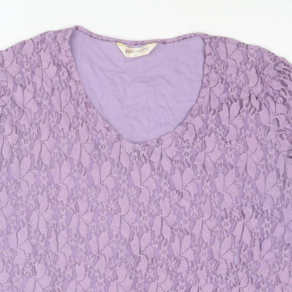 Bonmarché Womens Purple Geometric Nylon Basic T-Shirt Size L V-Neck