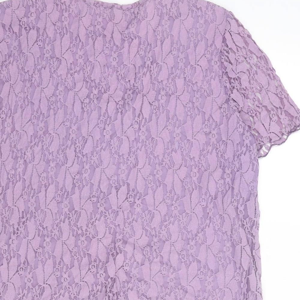 Bonmarché Womens Purple Geometric Nylon Basic T-Shirt Size L V-Neck