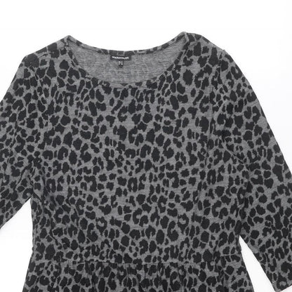 Warehouse Womens Black Animal Print Polyester Shift Size 14 Boat Neck Pullover - Leopard Print