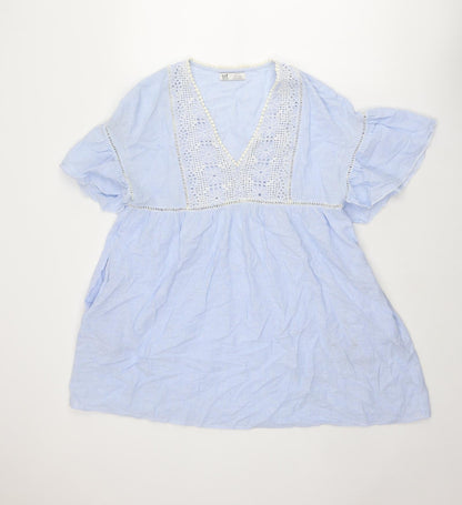 Zara Womens Blue Striped Polyester Mini Size M V-Neck Pullover - Crocheted Lace Detail