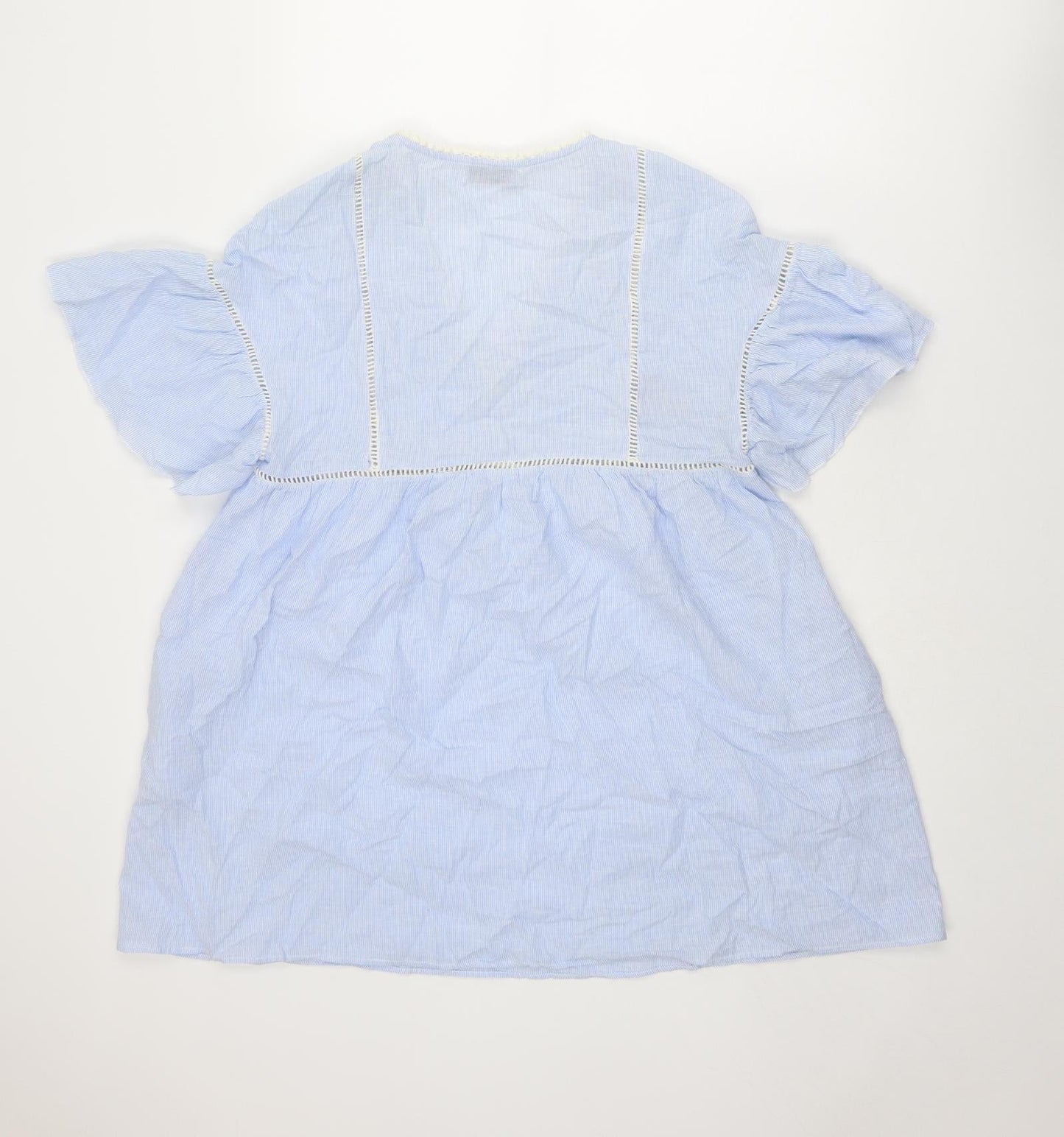 Zara Womens Blue Striped Polyester Mini Size M V-Neck Pullover - Crocheted Lace Detail
