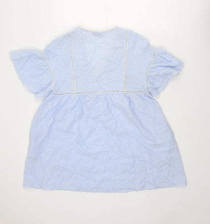 Zara Womens Blue Striped Polyester Mini Size M V-Neck Pullover - Crocheted Lace Detail