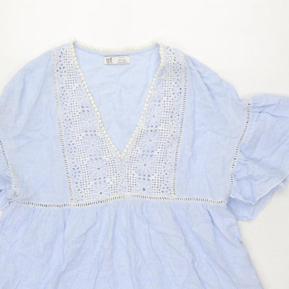 Zara Womens Blue Striped Polyester Mini Size M V-Neck Pullover - Crocheted Lace Detail
