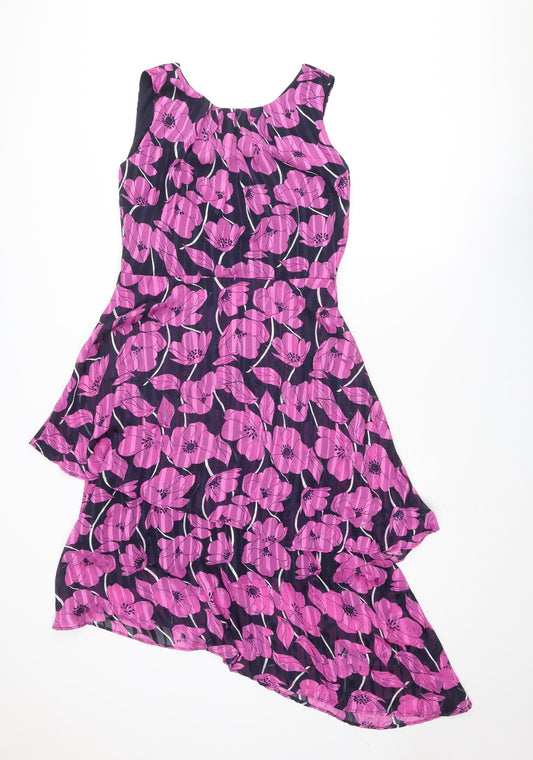 Klass Womens Purple Floral Polyester A-Line Size 10 Boat Neck Zip