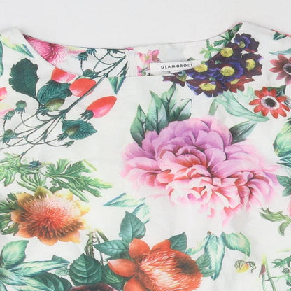 Glamorous Womens Multicoloured Floral Polyester Basic T-Shirt Size L Round Neck