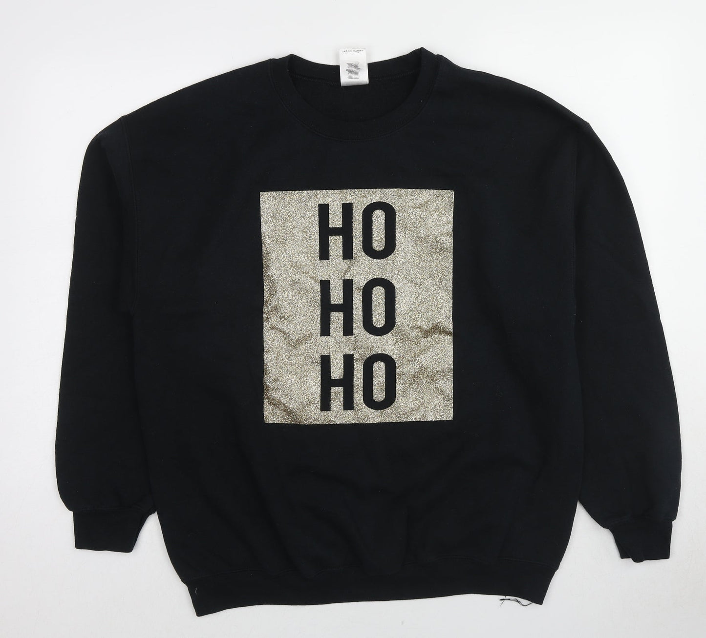 Gildan Womens Black Cotton Pullover Sweatshirt Size L Pullover - Christmas HO HO HO Glitter