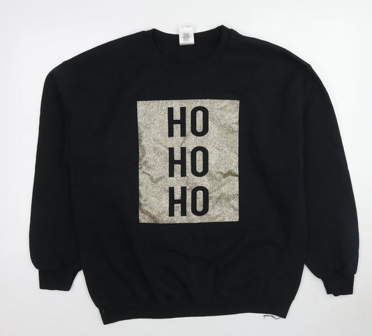 Gildan Womens Black Cotton Pullover Sweatshirt Size L Pullover - Christmas HO HO HO Glitter