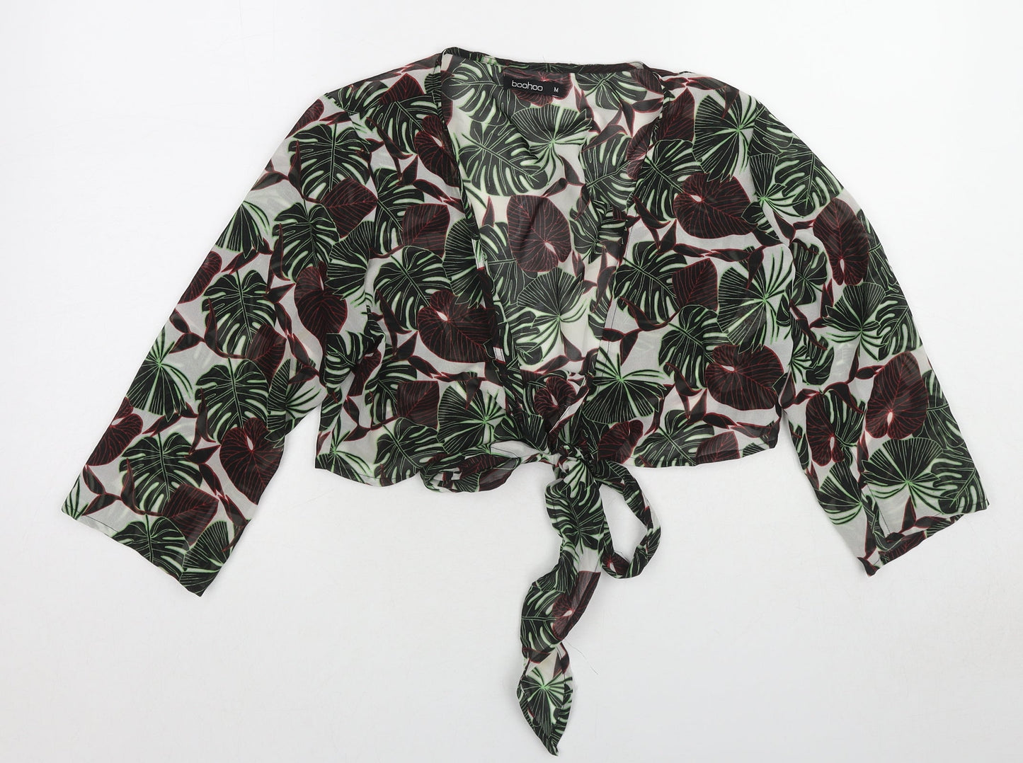 Boohoo Womens Green Geometric Polyester Basic Blouse Size M V-Neck - Leaf Print