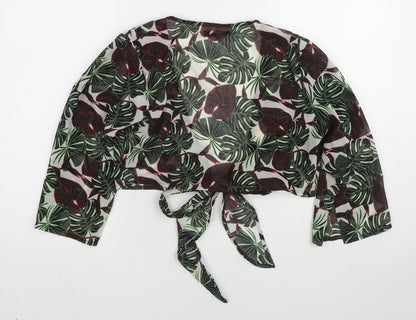 Boohoo Womens Green Geometric Polyester Basic Blouse Size M V-Neck - Leaf Print