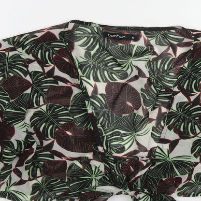 Boohoo Womens Green Geometric Polyester Basic Blouse Size M V-Neck - Leaf Print