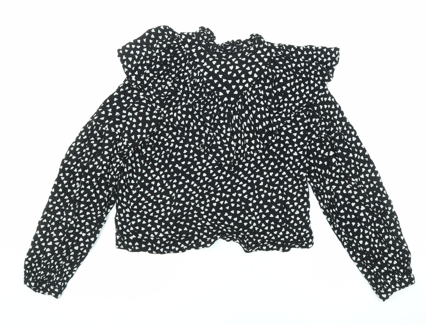 NEXT Girls Black Geometric Viscose Basic Button-Up Size 13 Years V-Neck Button - Heart Pattern