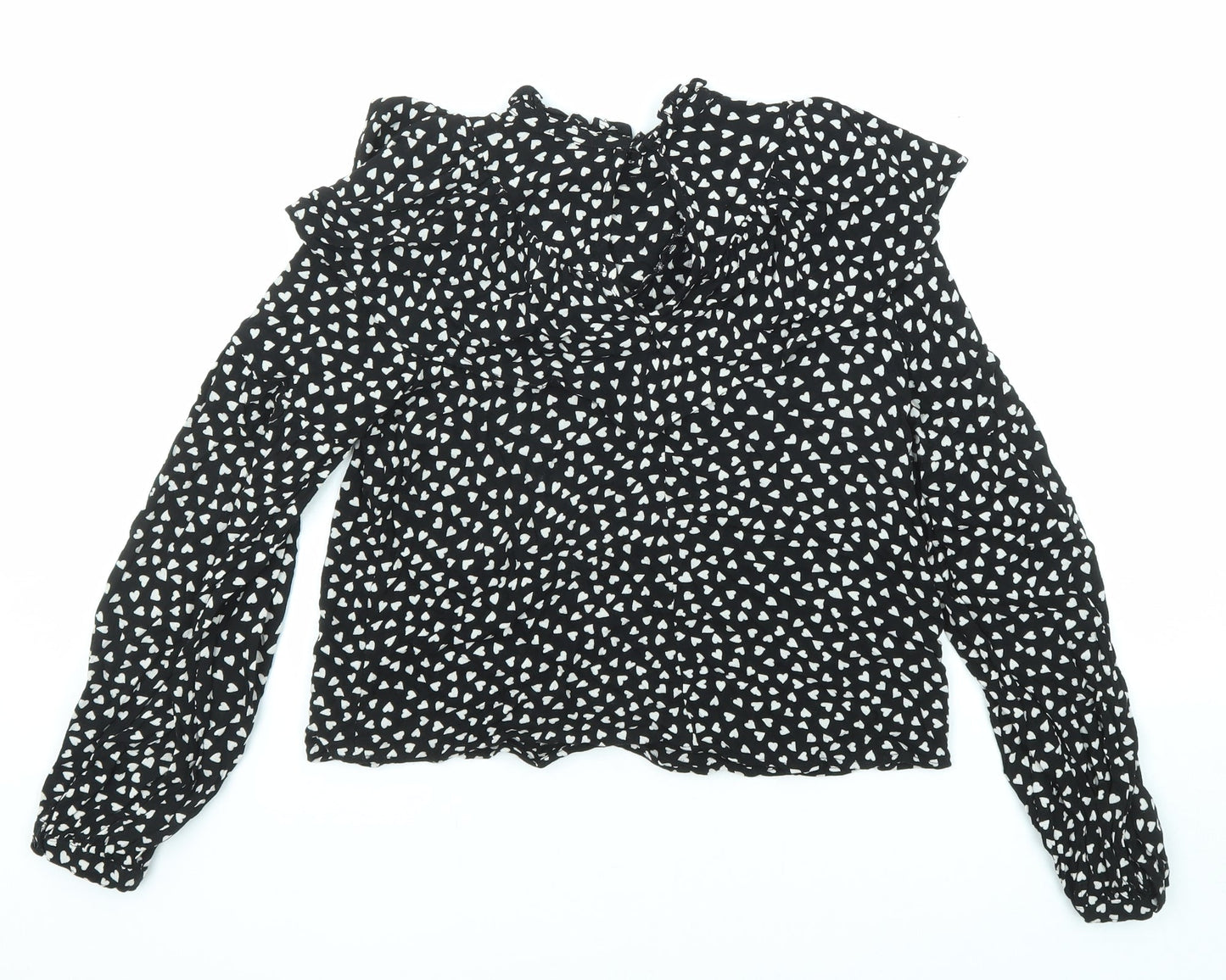 NEXT Girls Black Geometric Viscose Basic Button-Up Size 13 Years V-Neck Button - Heart Pattern